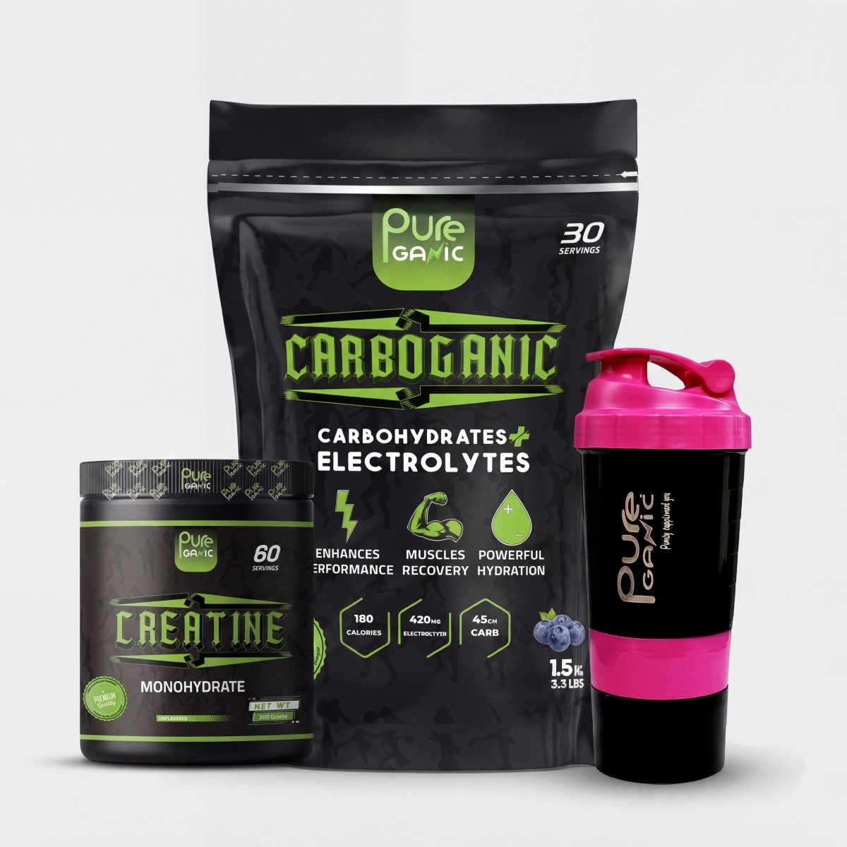 Carboganic + Creatine monohydrate 60 serv + Smart shaker - Pureganic - eg