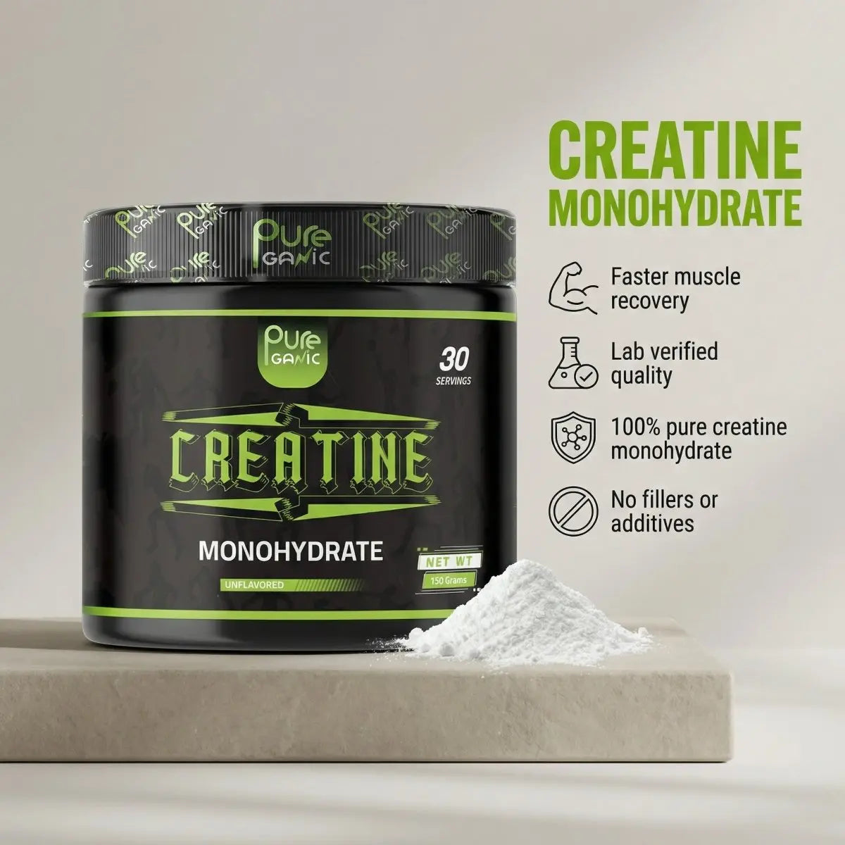 Creatine monohydrate 30 serv - 150 gm - Pureganic - eg