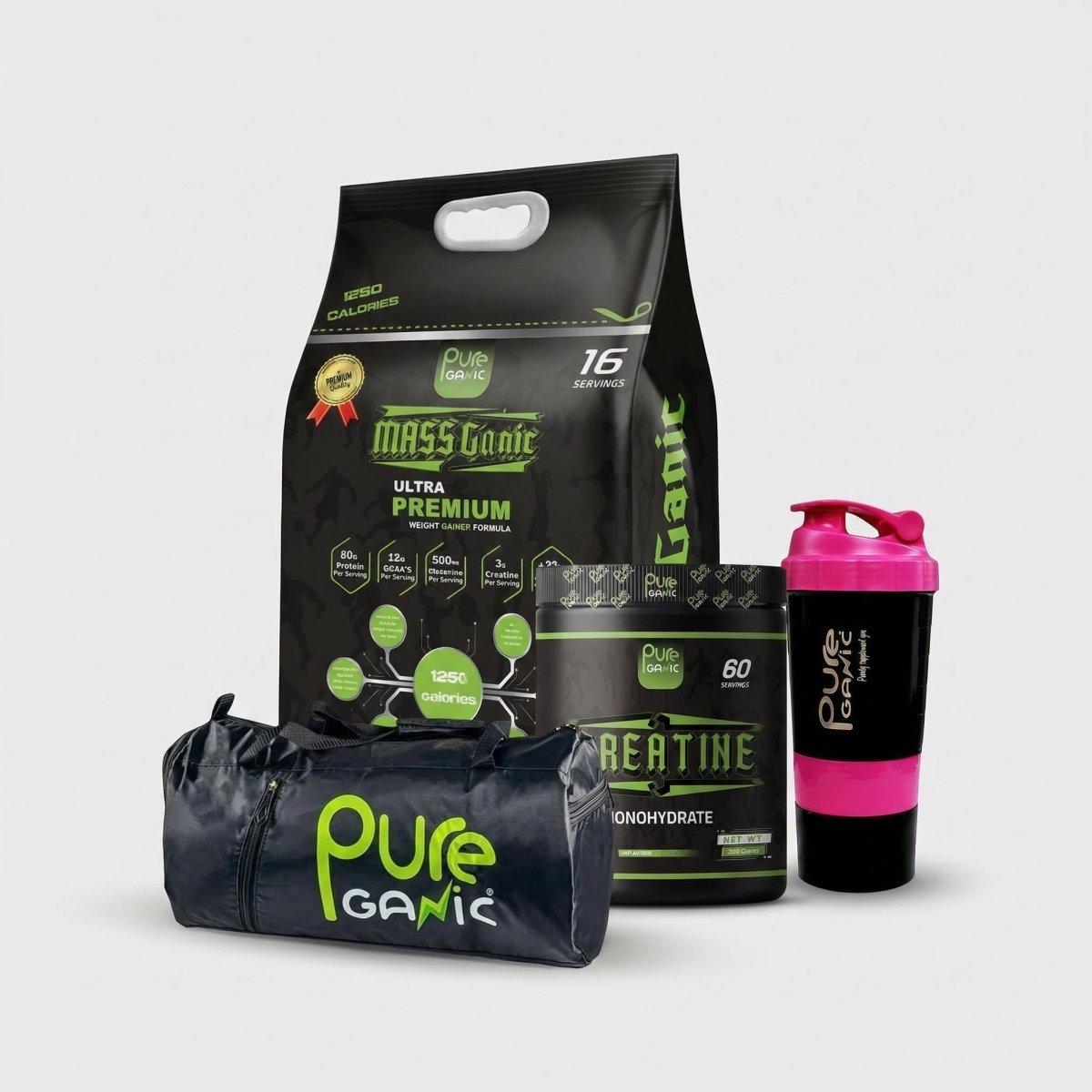 Massganic + Creatine Monohydrate 60 ser + smartshaker + Pureganic Bag - Pureganic - eg